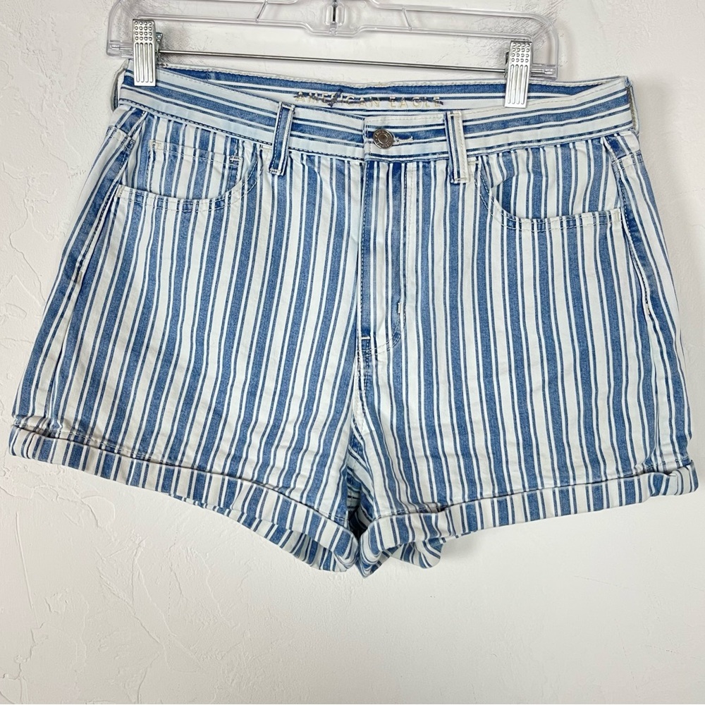 American Eagle Short Mom Striped Denim Jean White Blue Vintage High Rise‎ Retro